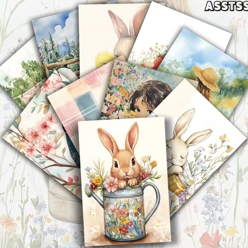 Postcards Colorful Rabbit Spring Girl Retro Junk Journal Paper Scrapbooks Crafts - Picture 2 of 5